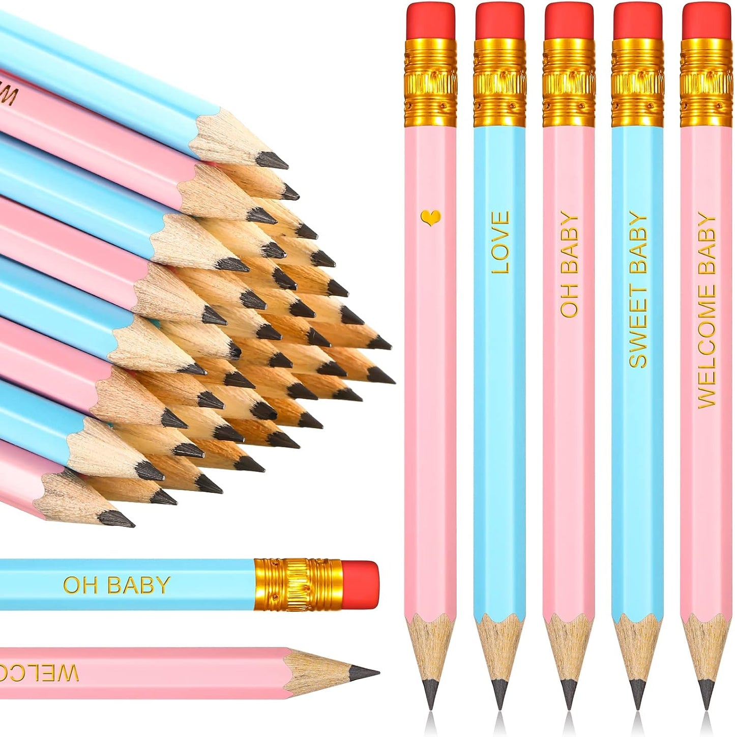 Crtiin 50 Pieces Baby Shower Pencils for Activities Mini Golf Half Pencils, Presharpened with Erasers, 4 Inch(Wood Color,Simple Style)