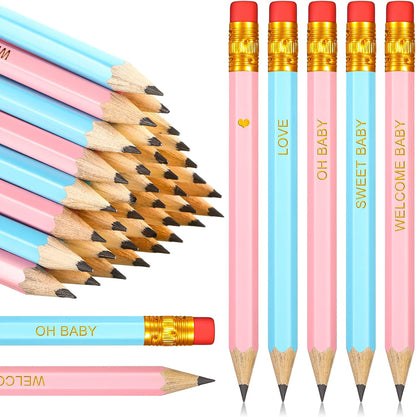 Crtiin 50 Pieces Baby Shower Pencils for Activities Mini Golf Half Pencils, Presharpened with Erasers, 4 Inch(Wood Color,Simple Style)