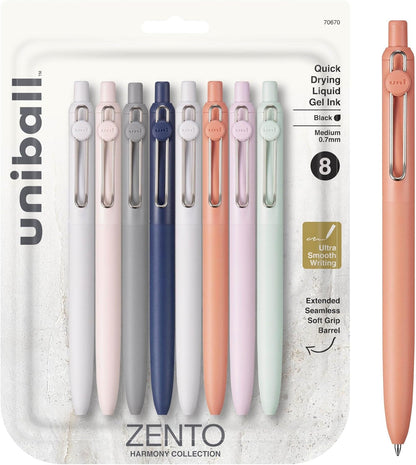 uni-ball Zento Gel Ink Rollerball Pens, 4 Black Medium Point Smooth Writing Pens, Colored Japanese Pens, Muted Colors