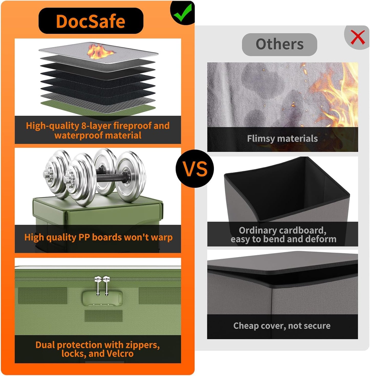 DocSafe Fireproof Document Box with Lock, File Storage Organizer with Mesh Pockets, Collapsible Portable File Box Home Office Safe Filing Cabinet with Handle for Hanging Letter/Legal Folder, Black