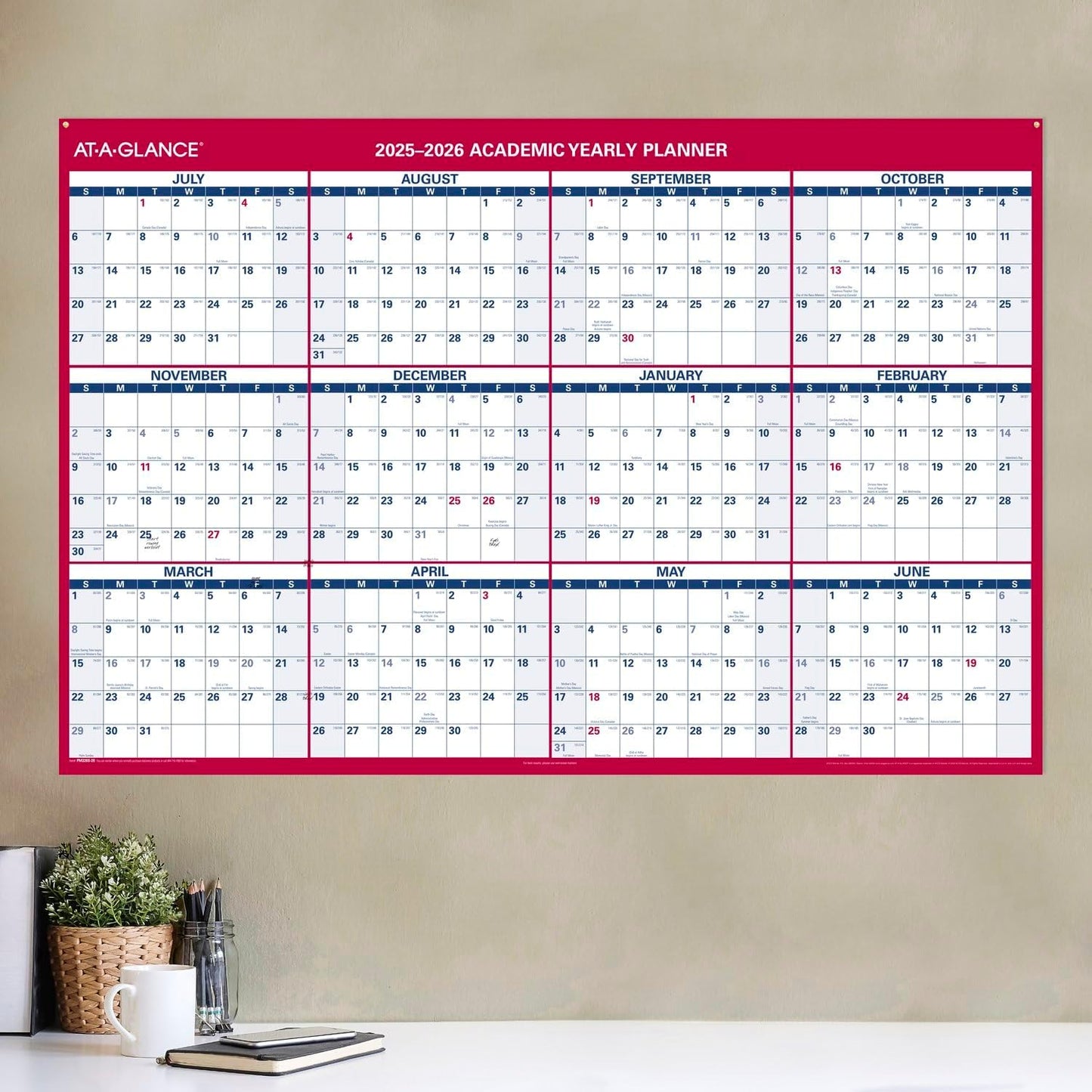 AT-A-GLANCE Dry Erase Calendar 2026-2027 Academic & Regular Year Wall Planner, 12-Month, 24" x 36", Double Sided, Vertical (PM210S28)
