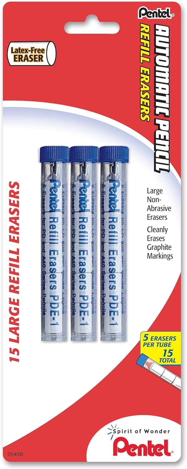 Pentel Refill Eraser for AL, Ax and PD Series Pencils 5 Pcs/Tube, 3-PK
