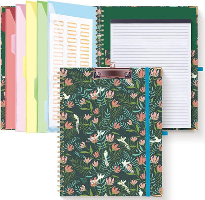 HAUTOCO Clipboard Folio with Refillable Notepad for Letter Size (11" x 8.5"), 5 Dividers with 10 Pockets, Elastic Pen Holder and File Folder Labels, Spiral Nurse Clipboard Artboard(Green)