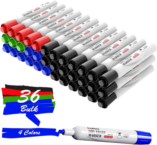 Comix Dry Erase Markers, Chisel Tip Whiteboard Markers, 36 Count 12 Assorted Colors Low Odor Markers for Classroom, Teachers, Office, School Supplies