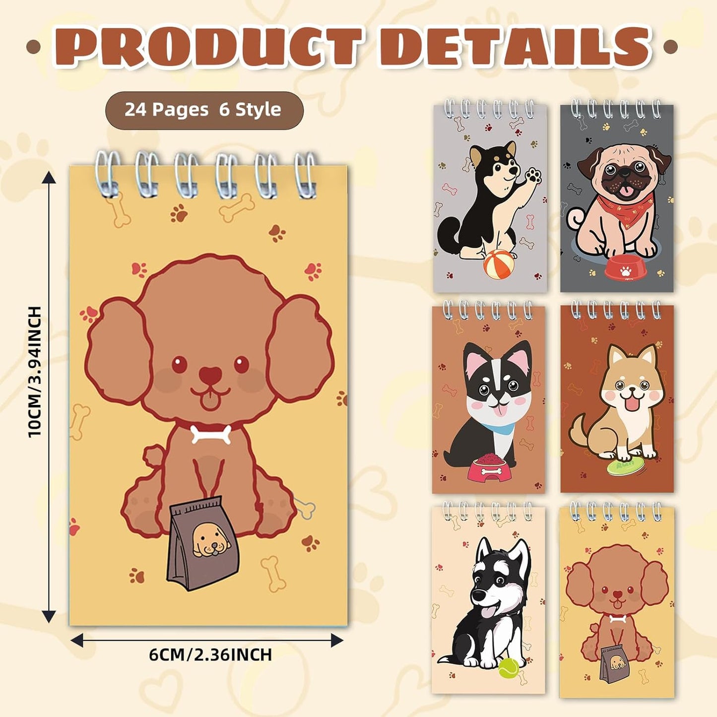 Mini Notebooks Bulk, 24 Pack Cute Animal Small Spiral Notepads Pocket Memo Pads for Classroom Prizes, Office Supplies (Dog)