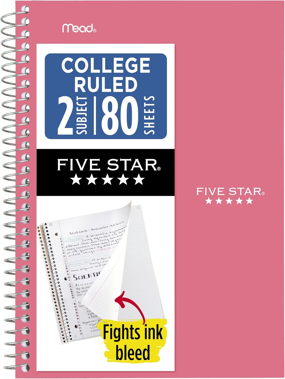 Five Star Spiral Notebook, 2 Subject, College Ruled Paper, 6" x 9.5", 80 Sheets, Blue (Color May Vary) (840029CG1)