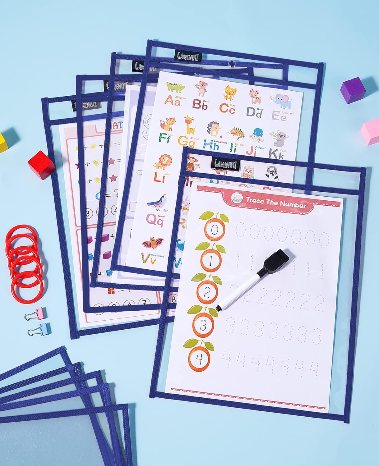 Gamenote Dry Erase Pockets 30 Pack with Rings, Oversized Reusable Plastic Sleeves Shop Job Ticket Holders Sheet Protectors Teacher Supplies Organization for Classroom Must Have, 10x14 Inches (Black)