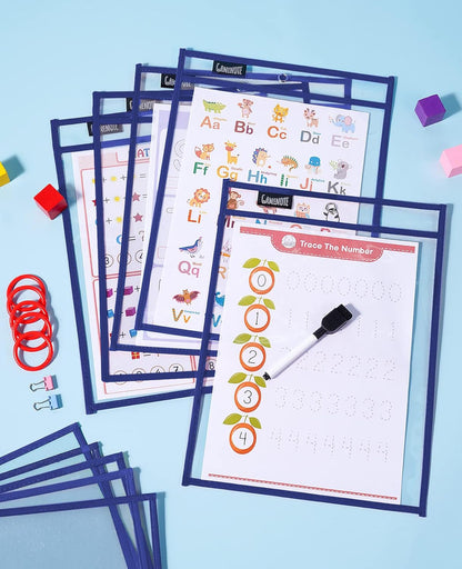 Gamenote Dry Erase Pockets 30 Pack with Rings, Oversized Reusable Plastic Sleeves Shop Job Ticket Holders Sheet Protectors Teacher Supplies Organization for Classroom Must Have, 10x14 Inches (Black)