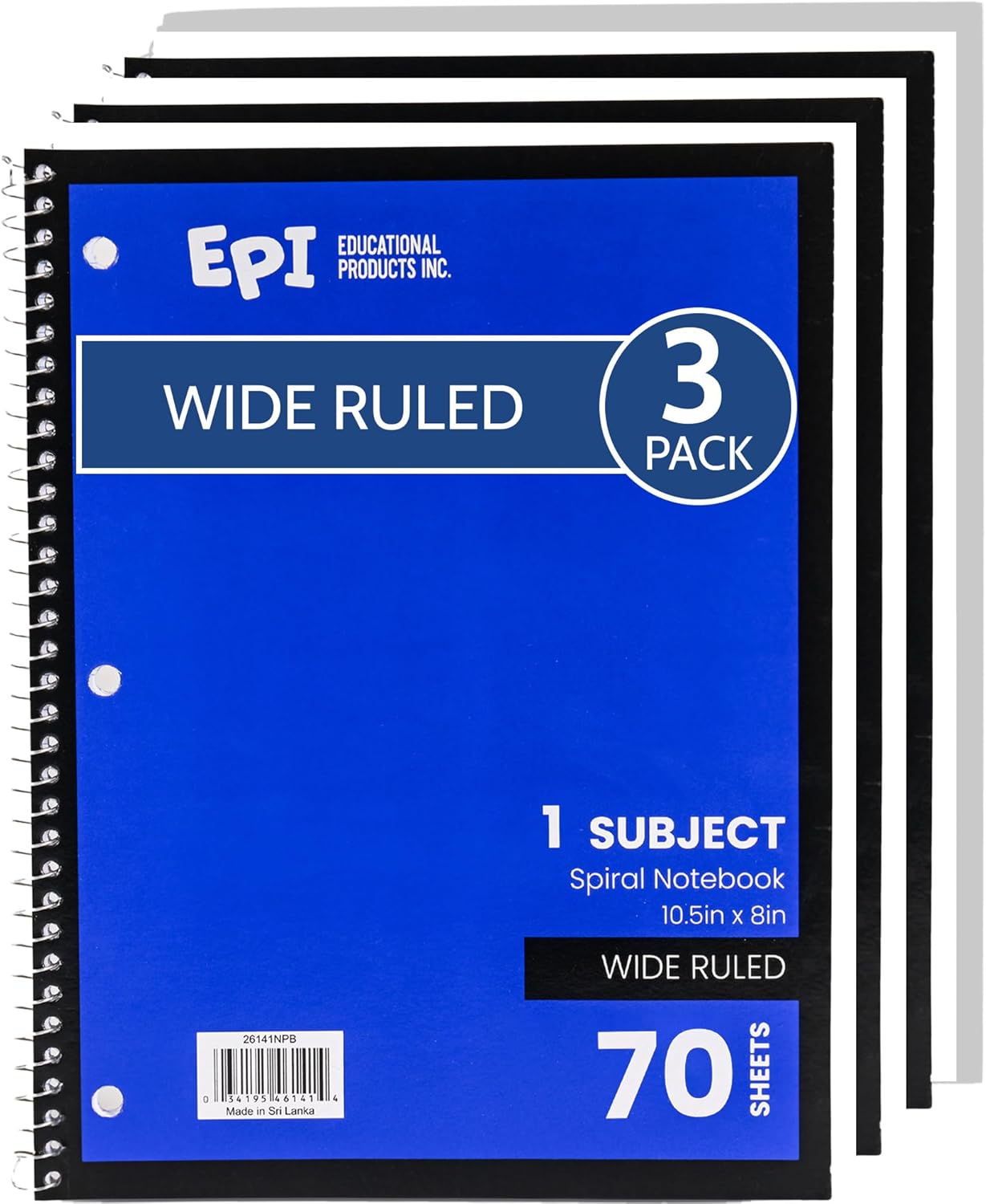EPI Spiral Notebook | Wide - 70 Sheets, Durable Spiral Binding | 10.5 x 8 in | Classroom Supplies | School, Office, Note Taking, Journaling - 12 Pack