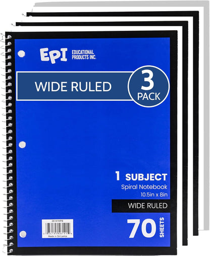 EPI Spiral Notebook | Wide - 70 Sheets, Durable Spiral Binding | 10.5 x 8 in | Classroom Supplies | School, Office, Note Taking, Journaling - 12 Pack