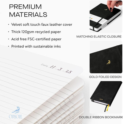 Oriole Vegan Leather Ruled Notebook - Chestnut Brown | 176 Pages of Thick Lined Paper | Soft Touch Hardcover Journal (5 x 8 in) with Gold Foil Bird Design & Luxury Gift Box