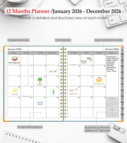 2026 Planner, Weekly and Monthly Calendar Planner from January 2026 - December 2026, 8.5" x 11" Hardcover Leather Hourly Appointment Book with Tabs, Spiral Daily Planners for School Work Home, Green