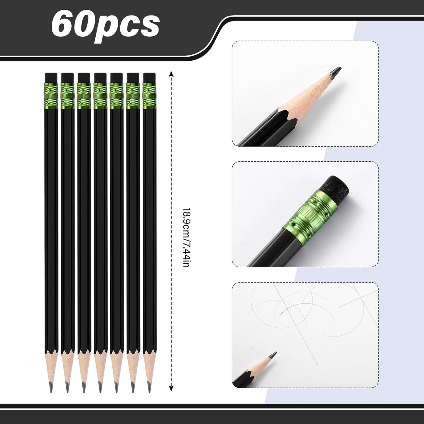 TecUnite 60 Pcs HB Pencils #2 Unsharpened Wood Cased Pencils with Eraser Hexagonal Pencil Cute Graphite No 2 Pen for Adults Gifts Exam School Office Sketching Learning (Wood Color, Silver)