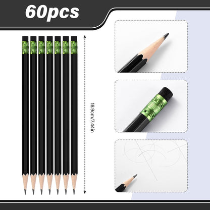 TecUnite 60 Pcs HB Pencils #2 Unsharpened Wood Cased Pencils with Eraser Hexagonal Pencil Cute Graphite No 2 Pen for Adults Gifts Exam School Office Sketching Learning (Wood Color, Silver)