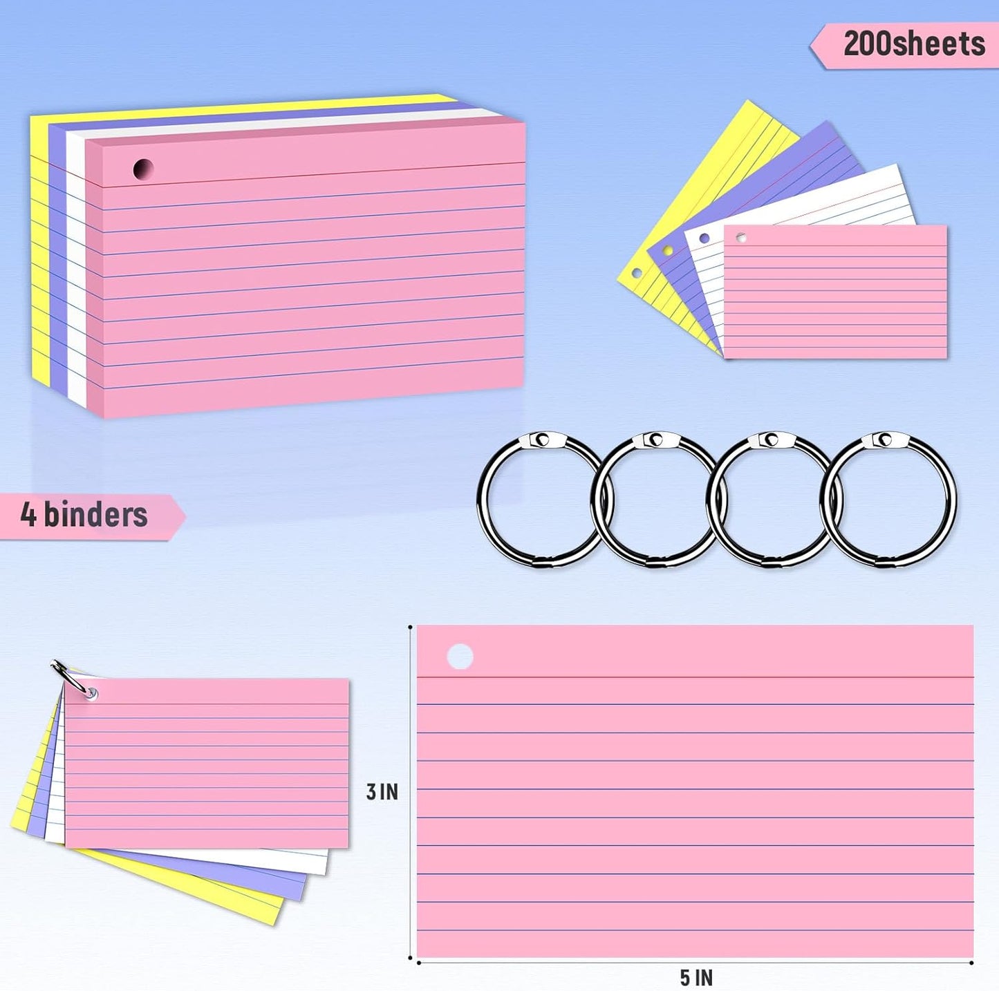 200 Count 3 x 5 Inch Purple Index Cards with Binder Rings, Lined & Blank Study Cards, Thick Cardstock Flash Cards for Students & Teachers, Color-Coded Notecards for School, Home, Work