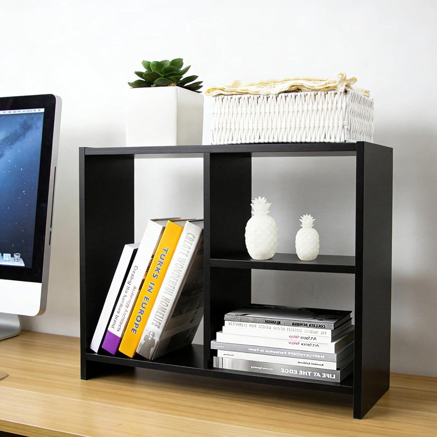 Jerry & Maggie Desktop Organizer Office Storage Rack Adjustable Wood Display Shelf Free Style Double H, Multi-Functional Mini Bookshelf for Desk Natural Stand (White)