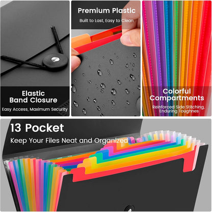 5-Pack 13-Pocket Expanding File Folder, Accordion File Organizer with Labels, Fits Letter Size & A4 Paper, for Home Office School College Supplies