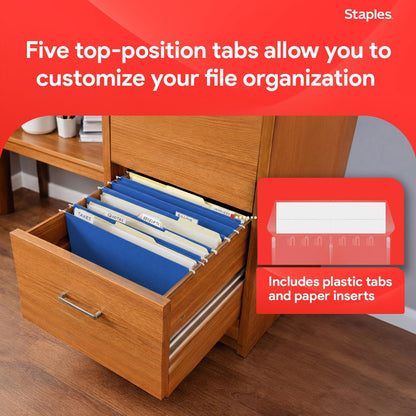 Staples Hanging File Folders, Letter Size, Blue, 5‑Tab, 1/5‑Cut Tabs, Includes Tabs & Inserts – 25/Pack