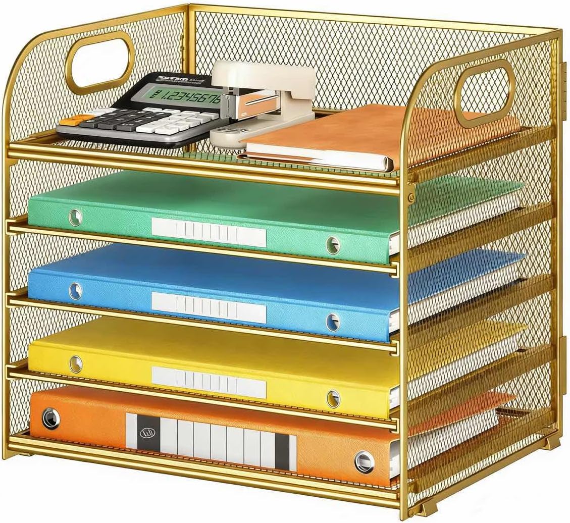 Lavatino 5 Tray Desk File Organizer, Black Mesh Paper Sorter Letter Tray Organizer with Handle, Desktop File Organizer and Storage for Letter/A4 Office File Folder