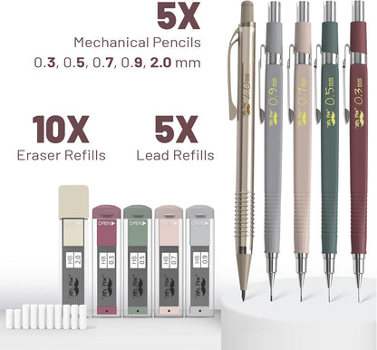 Mr. Pen- Art Mechanical Pencil Set, 5 Vintage Mechanical Pencils (0.3, 0.5, 0.7, 0.9, 2.0mm), 5 HB Lead Refills & 10 Eraser Refills, Precision Drawing Pencils for Sketching, Writing & Artwork