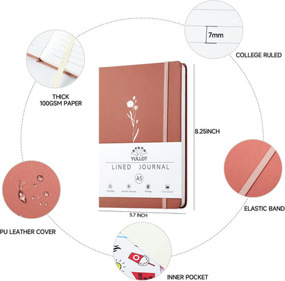 Lined Journal Notebook –A5 PU Leather Hardcover Notebook, 100gsm Thick Bleedproof Paper with Inner Pocket – 192Pages Lined Writing Journal for Students Women Note Taking - Terracotta Orange