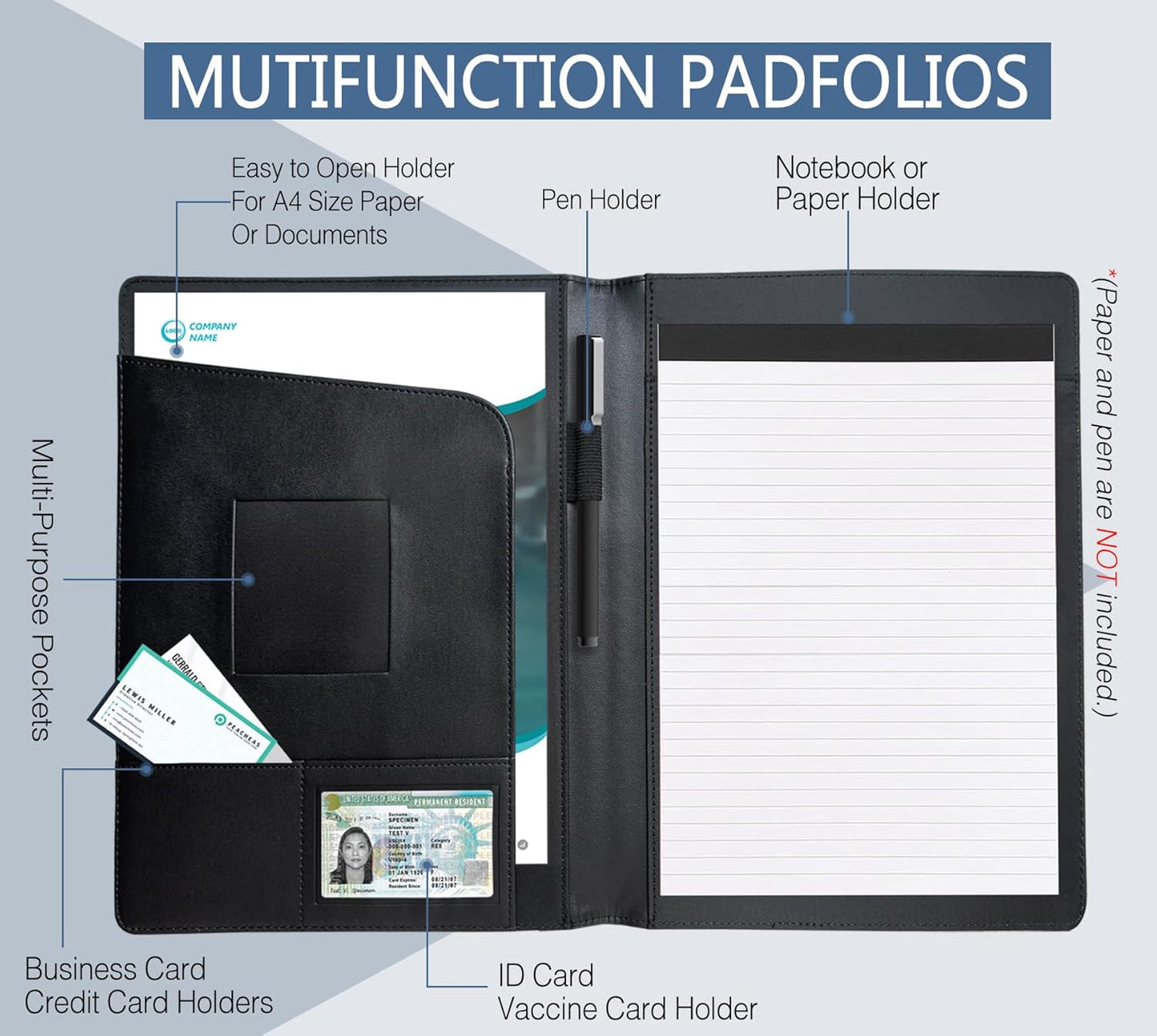 Padfolio Portfolio Organizer Legal Pad Holder Padfolio Folder Leather Portfolio Storage Clipboard Notepad with Cover for Letter Size A4 Writing Pad for Business and School Office