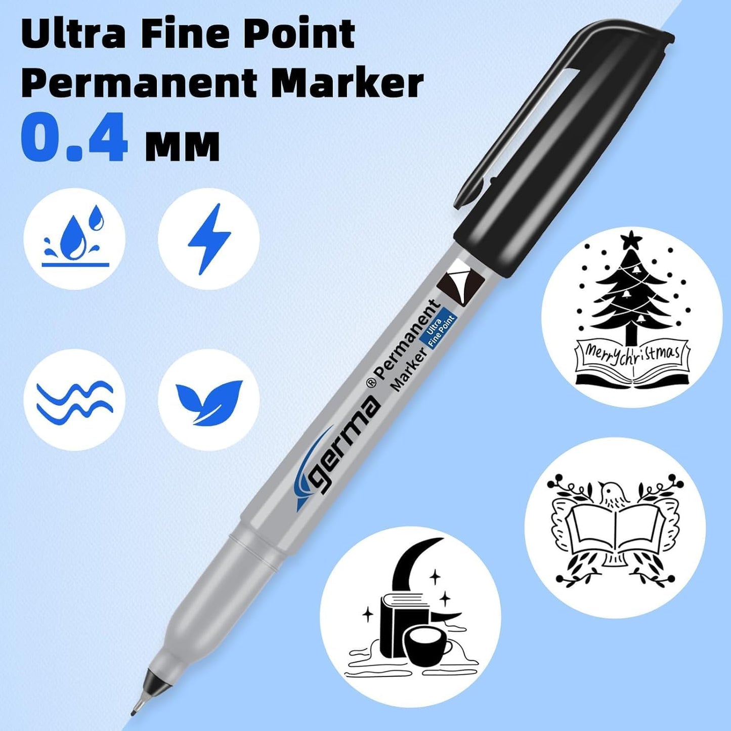 Cgerma Ultra Fine Point Permanent Markers Black, 18 Pack Ultra Fine Tip Markers, Waterproof, Quickly Dry, No bleed, Works on Plastic, Wood,Stone, Metal and Glass for School Office Home