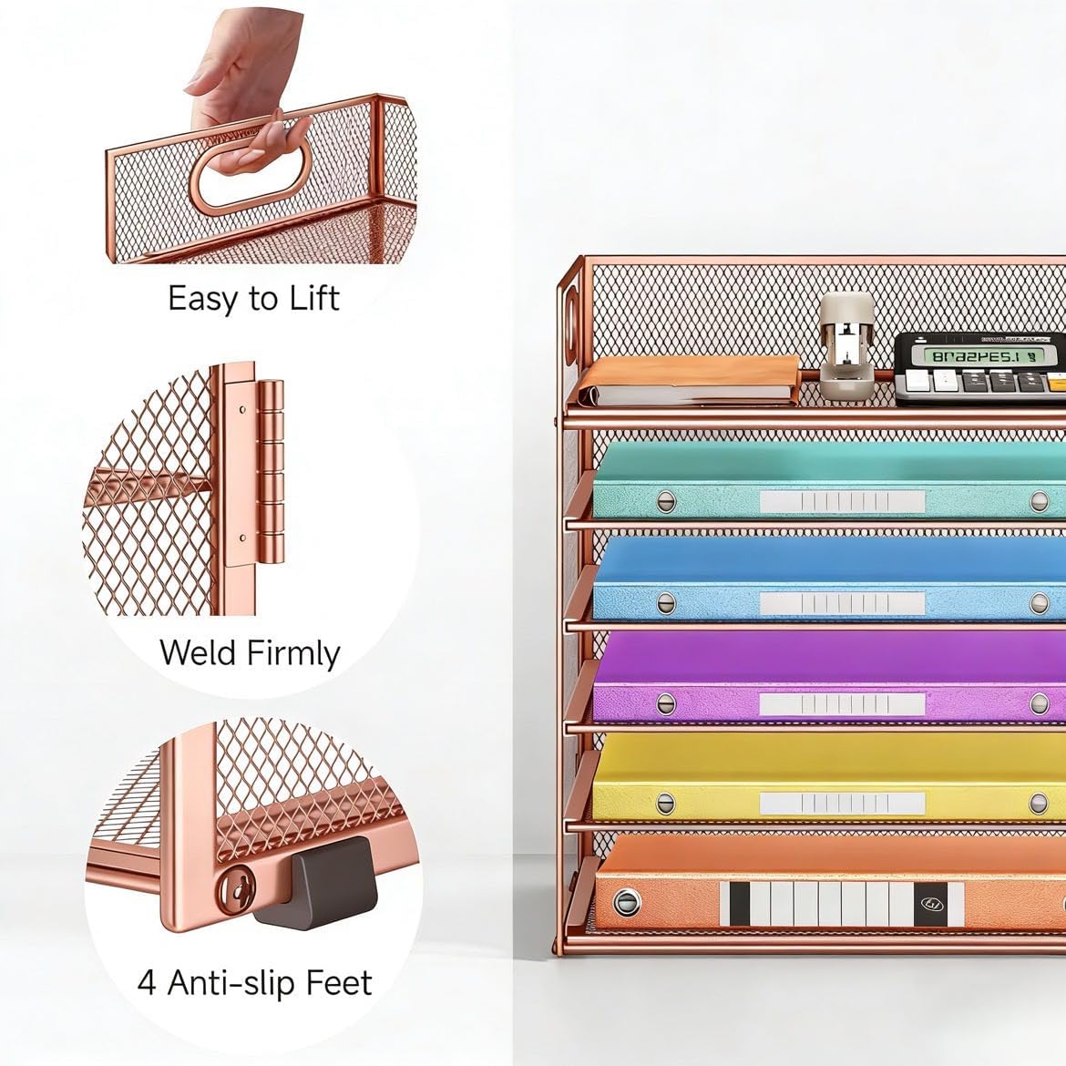 Lavatino 5 Tray Desk File Organizer, Black Mesh Paper Sorter Letter Tray Organizer with Handle, Desktop File Organizer and Storage for Letter/A4 Office File Folder