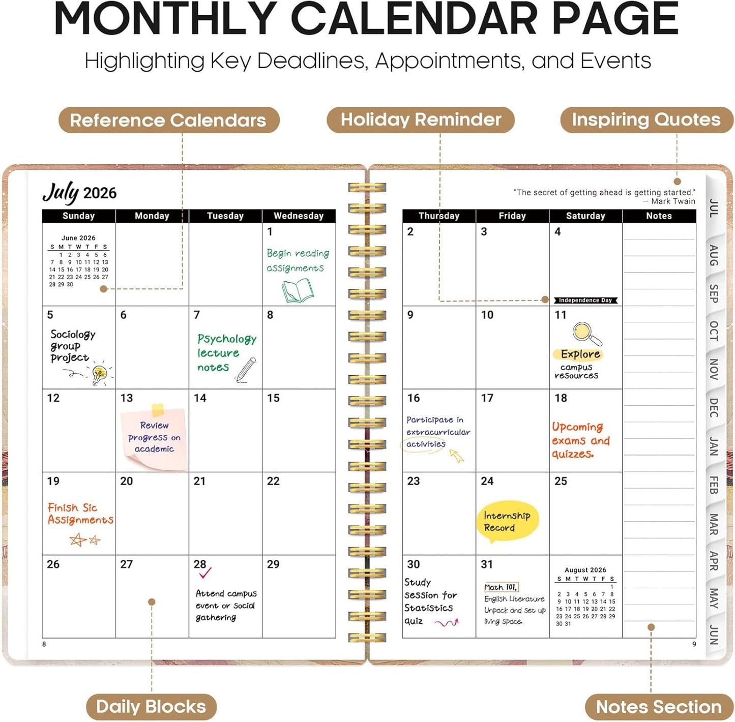 Planner 2026-2027, Academic Year Monthly and Weekly Calendar Planner, Jul 2026 - Jun 2027, Hardcover Teacher Student Planning Agenda book with Tabs, Perfect for School Office Supplies, 6.3" x 8.5" - Wildflowers