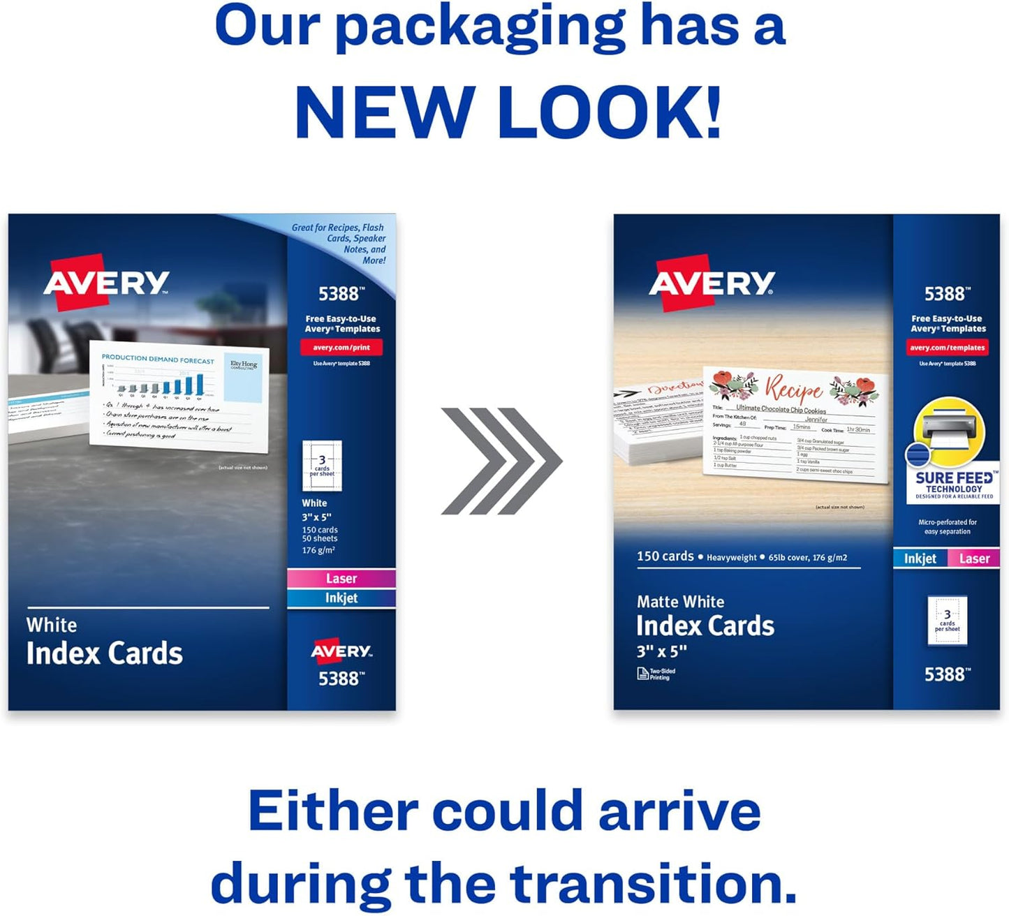 Avery Printable Index Cards, Sure Feed Technology, 3" x 5", Matte White, Laser & Inkjet Compatible, 150 Blank Cards Total, Great for Product Branding, Marketing, and More (5388)
