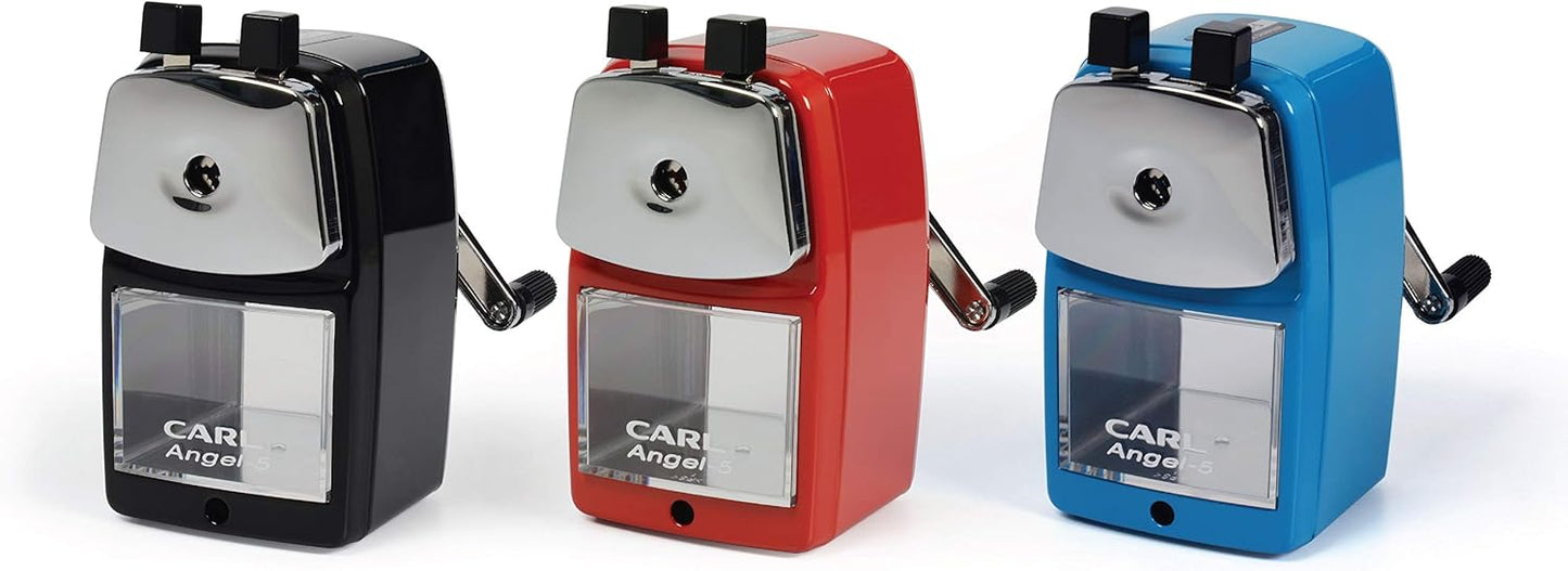 Carl Angel-5 (Black) Heavy-Duty Artist & Teacher Pencil Sharpener – Precision Manual Crank with Auto-Stop, Colored Pencil Compatible, Quiet Operation, Durable Japanese Design.