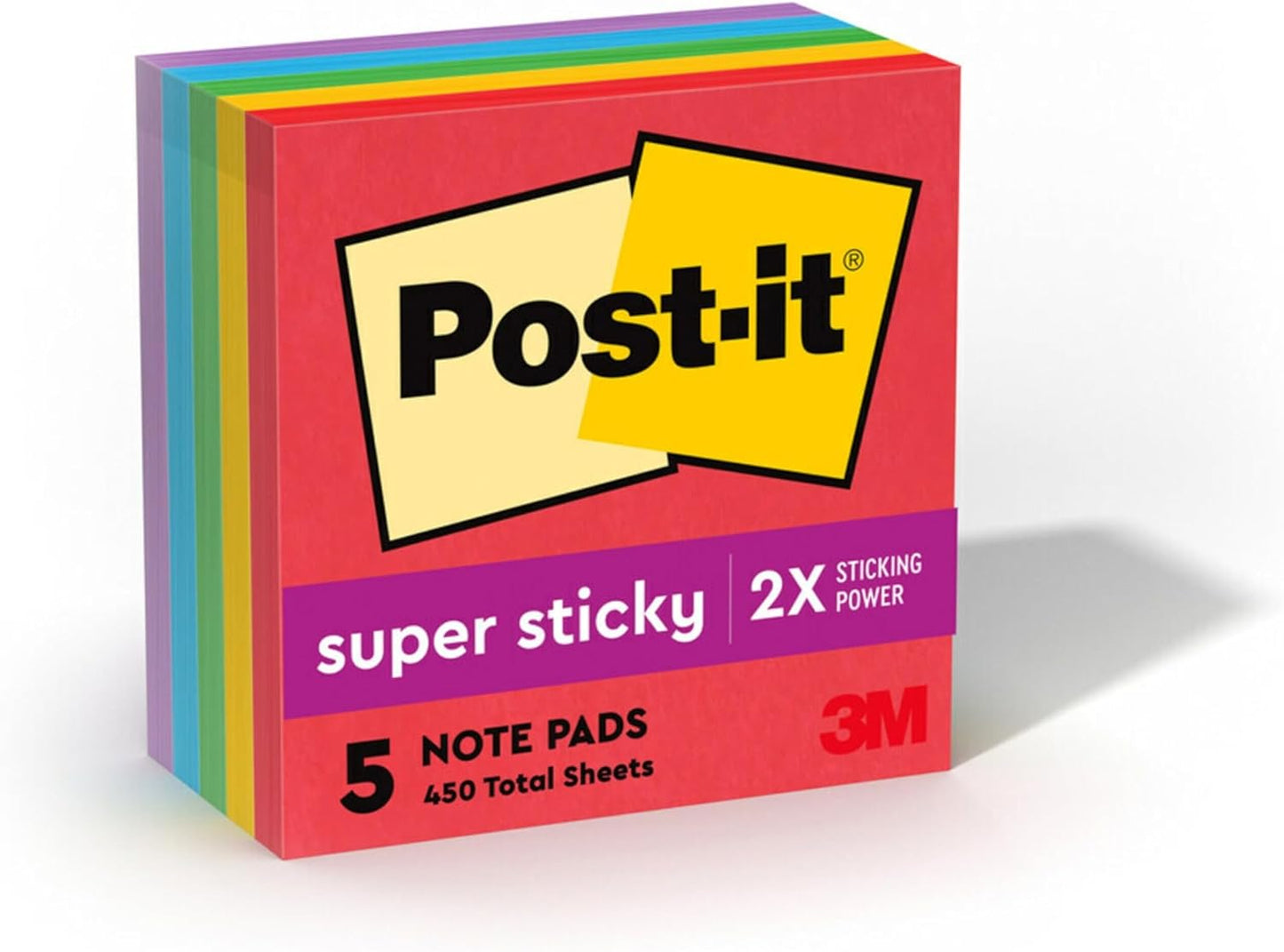 Post-it Super Sticky Notes, 5 Sticky Note Pads, 3 x 3 in., School Supplies and Office Products, Ideal for Textbooks, Notebooks, Walls and Vertical Surfaces, Playful Primaries Collection