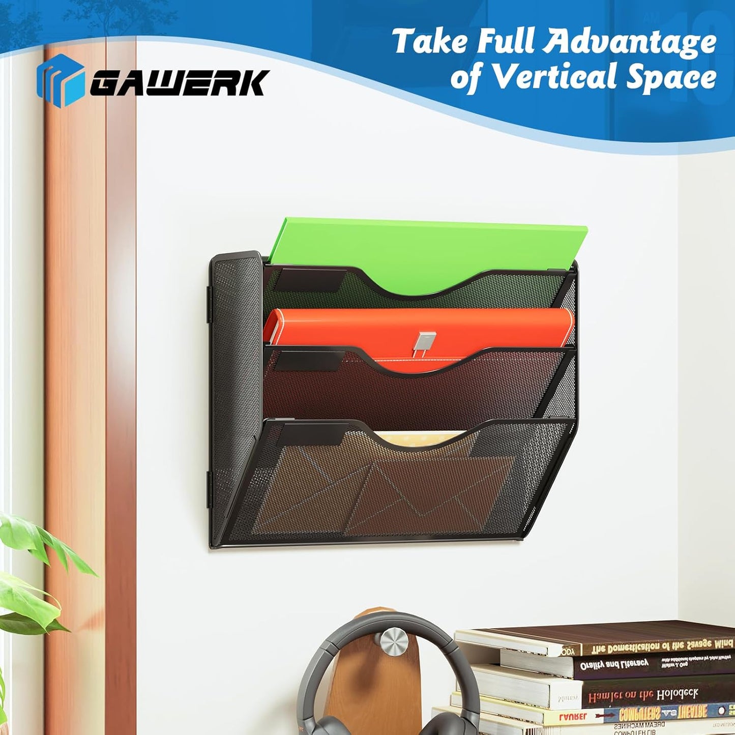Gawerk 10-Tier Wall File Organizer Hanging Wall File Holder Wall Mount Paper Folder Organize, Mesh Magazine Document Mail Organizer Wall Organizer for Office School Home, Black