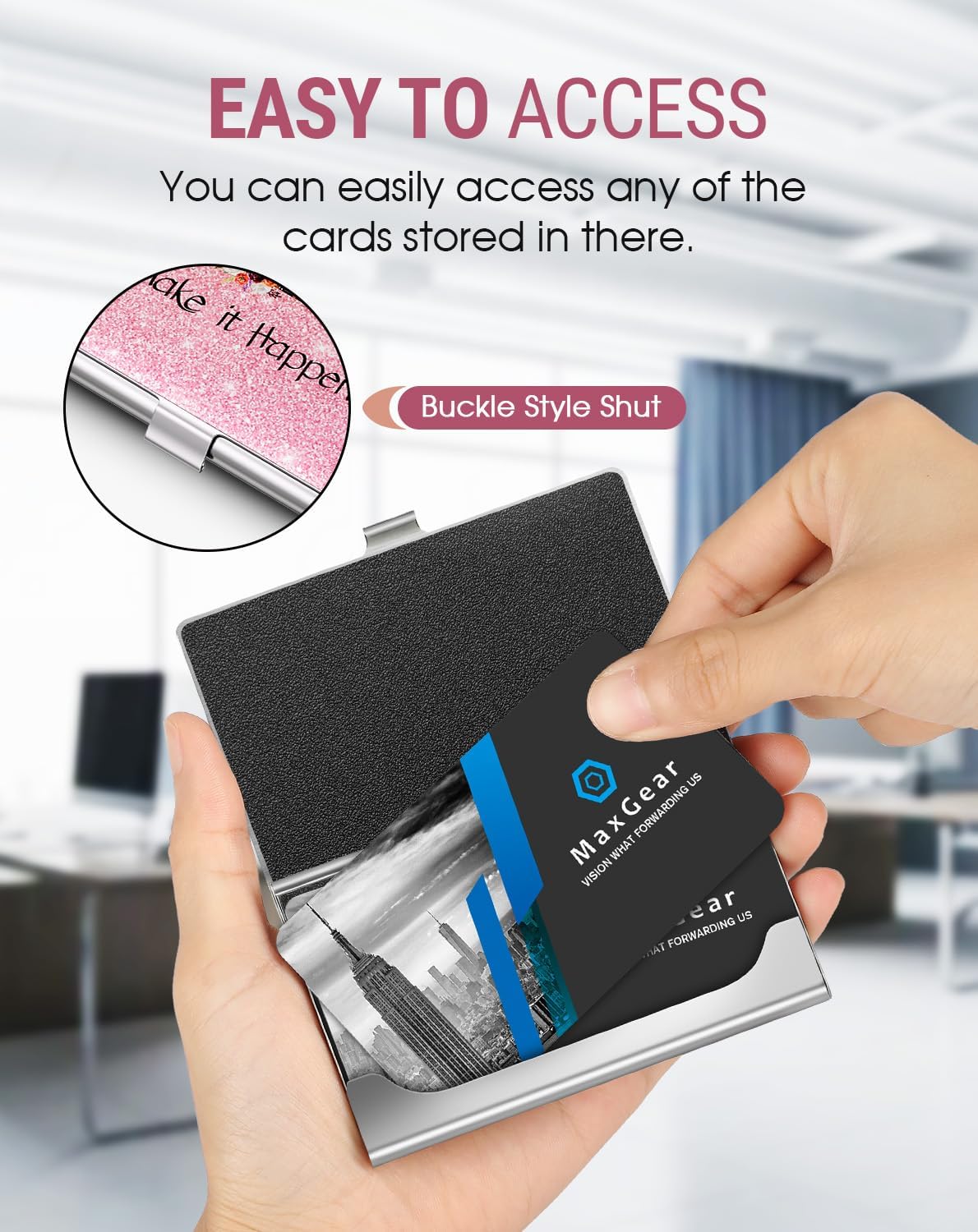 MaxGear Metal Business Card Holder for Men & Women, Professional Stainless Steel Card Case for Business Cards, Slim Purse Name Card Holders with Interior Lining, Buckle Style Shut, Black