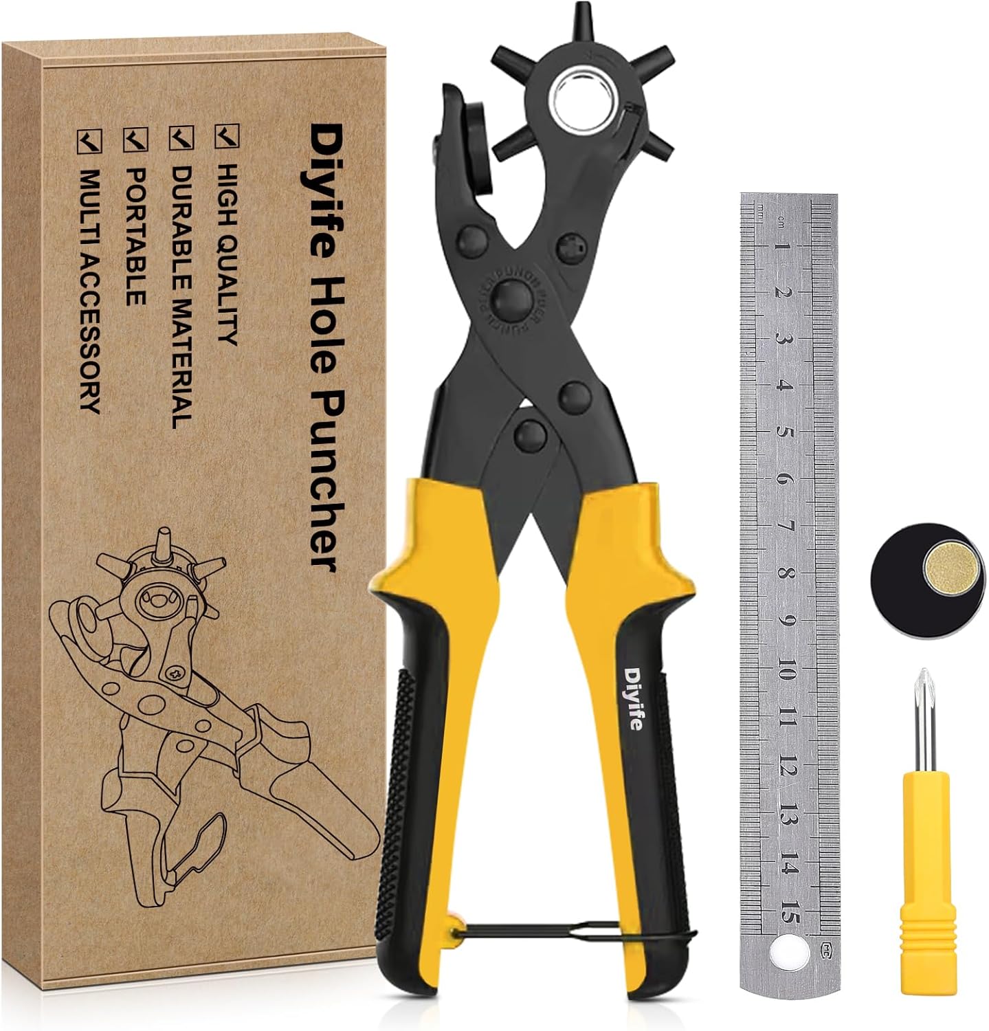 Diyife Professional Leather Hole Puncher, Full Set Punch Tool Kits for Belt, Watch Band, Shoe, Crafting, Handbag Straps, Fabric, with Extra Punch Plates and Ruler, Multi Hole Sizes Make - Blue
