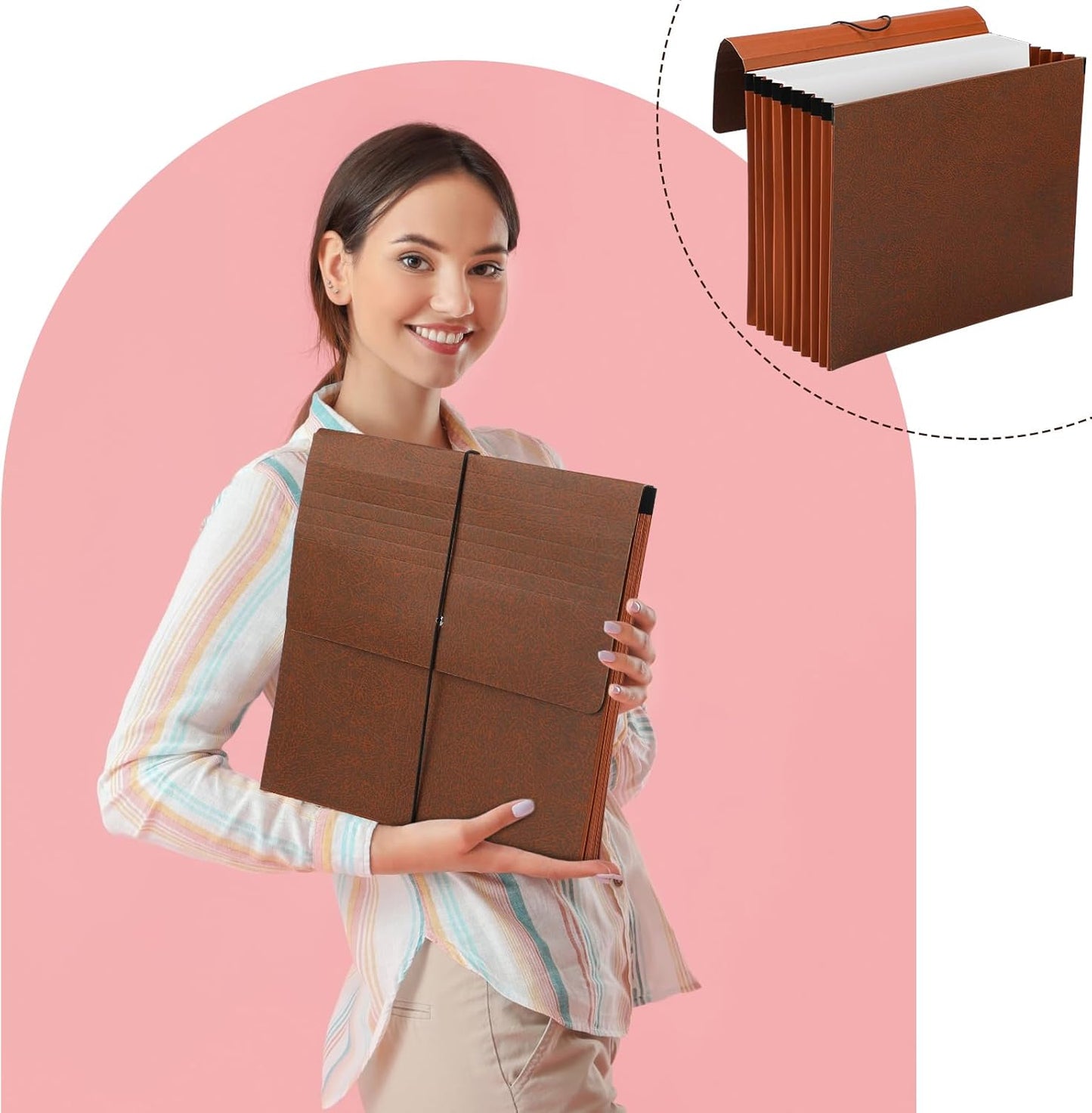 PerKoop 5 Pcs Expanding File Folder with Flap 7 Inch Expansion Expanding File Wallet with Elastic Cord Closure Letter Size Heavy Duty Document Organizer, 10 Slots, Brown