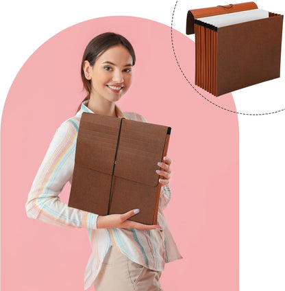 PerKoop 5 Pcs Expanding File Folder with Flap 7 Inch Expansion Expanding File Wallet with Elastic Cord Closure Letter Size Heavy Duty Document Organizer, 10 Slots, Brown