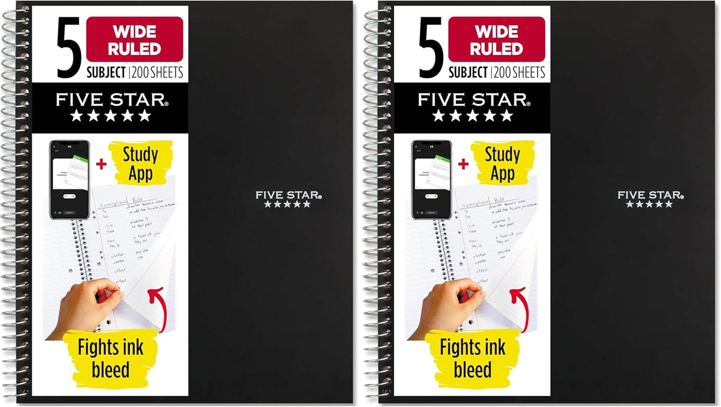 Five Star Spiral Notebook + Study App, 5 Subject, Wide Ruled Paper, 8" x 10-1/2", 200 Sheets, Fights Ink Bleed, Water Resistant Cover, Tidewater Blue (73196)