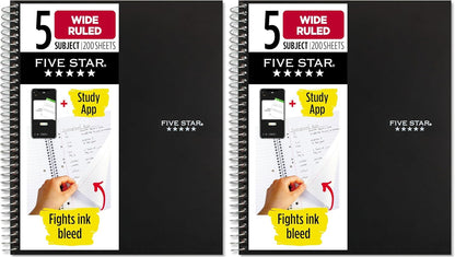 Five Star Spiral Notebook + Study App, 5 Subject, Wide Ruled Paper, 8" x 10-1/2", 200 Sheets, Fights Ink Bleed, Water Resistant Cover, Tidewater Blue (73196)