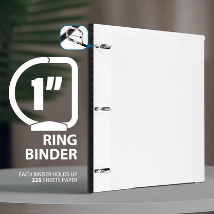 WOT I 1 Inch Telescoping 3 Ring Binder 4 Pack, Expandable Flexible Binder with Customizable Front Cover & Clear Catalog Pocket, Holds 225 Sheets, School Office Supplies, White
