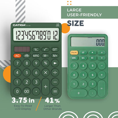 CATIGA 12 Digit Desktop Calculator Basic Desk Calculator with Large LCD Display, Big Buttons, 4 Function, Solar and Battery Dual Power, for Office, School, Home, SD-1292 Green