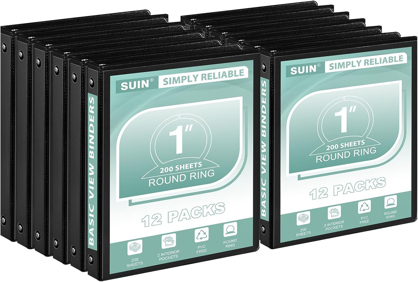 SUIN1-Inch 3-Ring-Binder, Customizable Clear View Cover, for US Letter Size 8-1/2 x 11'', Perfect for Office/School (Black - 12 Packs)