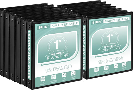 SUIN1-Inch 3-Ring-Binder, Customizable Clear View Cover, for US Letter Size 8-1/2 x 11'', Perfect for Office/School (Black - 12 Packs)