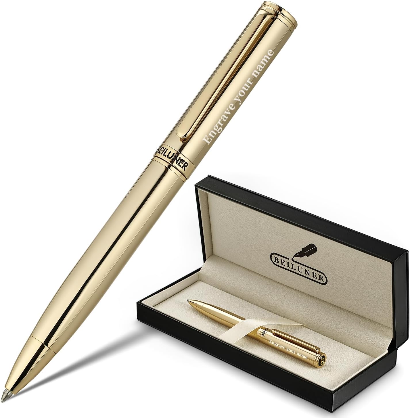 BEILUNER Luxury Gel Pen with 24K Gold Finish, Black Piano Lacquer, Luxury Grade Craftsmanship, Best Pen Gift Set for Men and Women, Professional, Executive, Office, Retractable Nice Pens