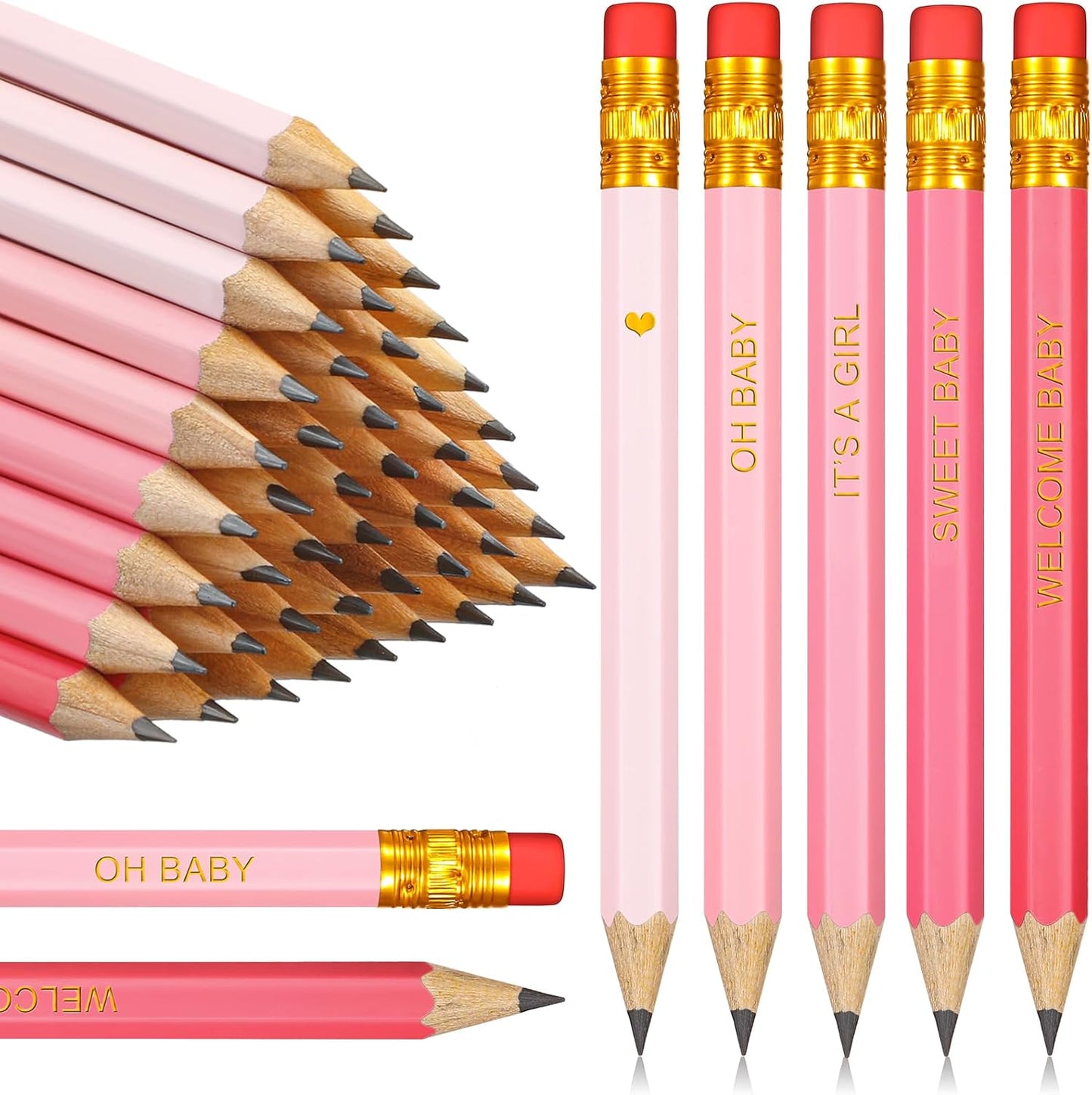 Crtiin 50 Pieces Baby Shower Pencils for Activities Mini Golf Half Pencils, Presharpened with Erasers, 4 Inch(Wood Color,Simple Style)