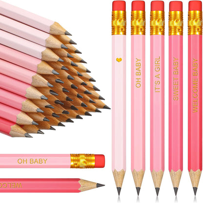 Crtiin 50 Pieces Baby Shower Pencils for Activities Mini Golf Half Pencils, Presharpened with Erasers, 4 Inch(Wood Color,Simple Style)