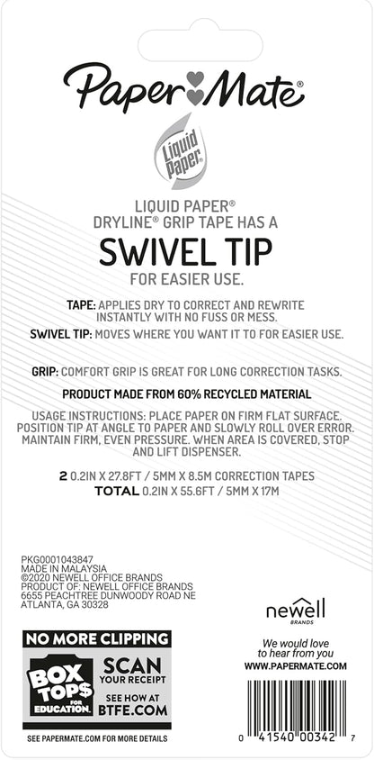Paper Mate Liquid Paper DryLine Grip Correction Tape, Mess-Free, Recycled, 2 Count - Home, Office, Teacher Supplies, College Essentials