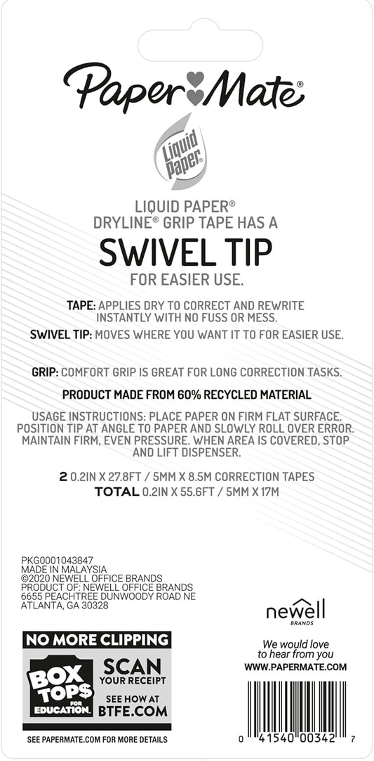 Paper Mate Liquid Paper DryLine Grip Correction Tape, Mess-Free, Recycled, 2 Count - Home, Office, Teacher Supplies, College Essentials