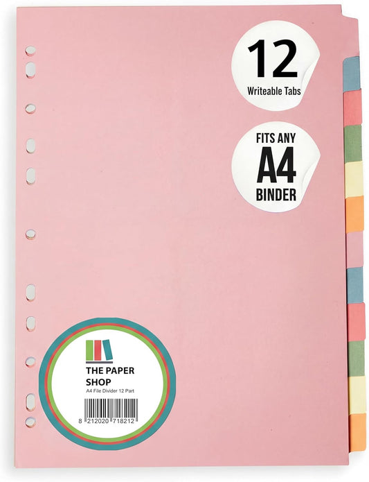 Binder Dividers with Tabs A4 12 Part | DIviders for 3 Ring Binder | Perfect for Organizing Pages in 3 Ring Binder Dividers with tabs, Each Set Includes Tab Dividers - The Paper Shop (1)