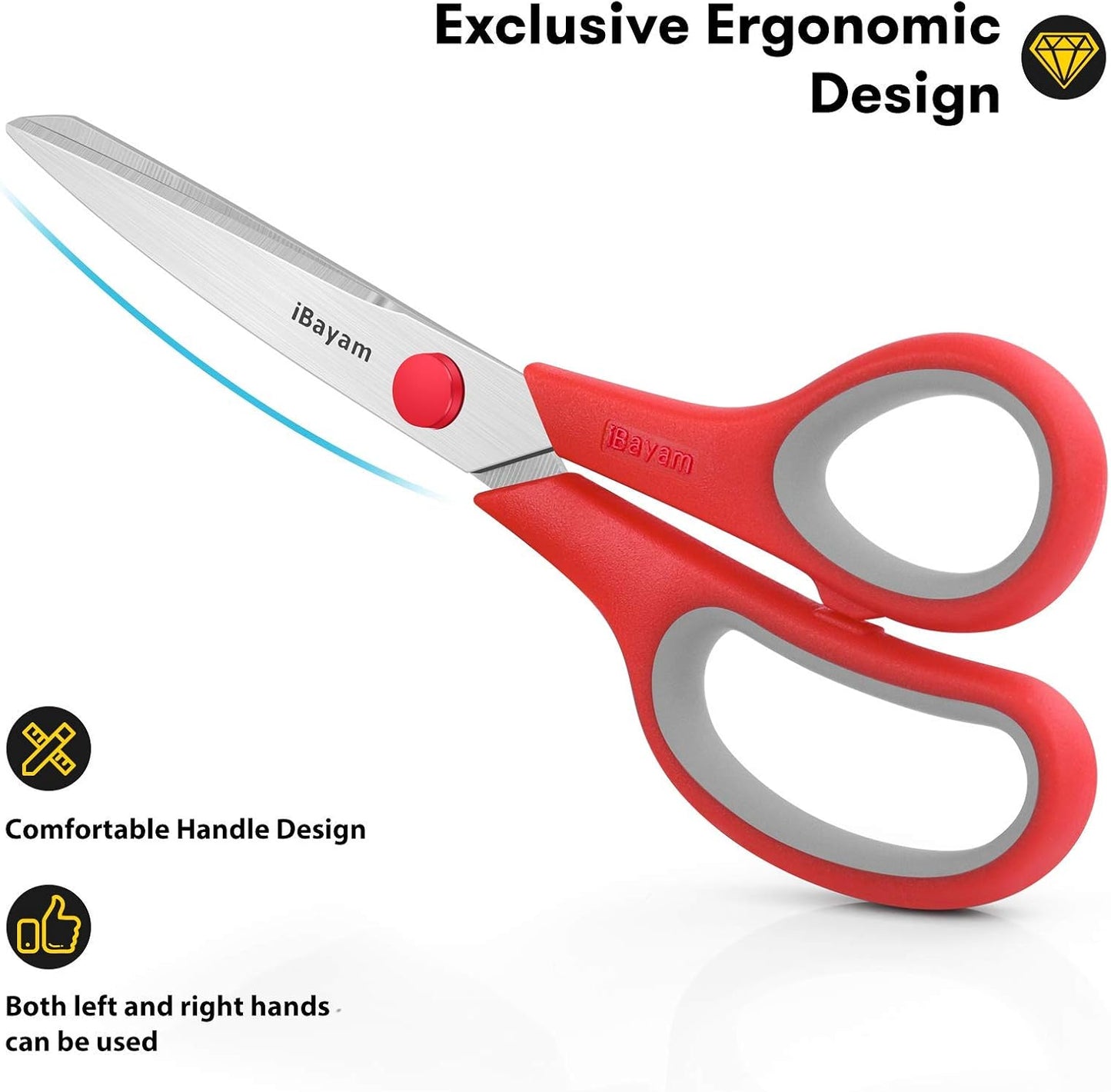 Scissors, iBayam 8" All Purpose Scissors Bulk 3-Pack, Ultra Sharp 2.5mm Thick Blade Shears Comfort-Grip for Aesthetic Fun Cute School Office Teacher Desk Crafts and Art Supplies Accessories Essential